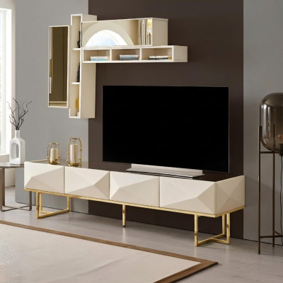 Mueble de televisión bajo, aparador para TV, estante de TV, armario de madera beige, repisas.