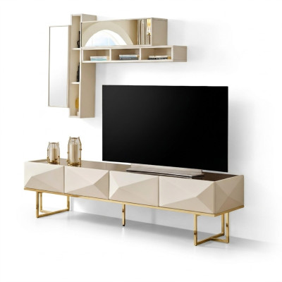 Mueble de televisión bajo, aparador para TV, estante de TV, armario de madera beige, repisas.