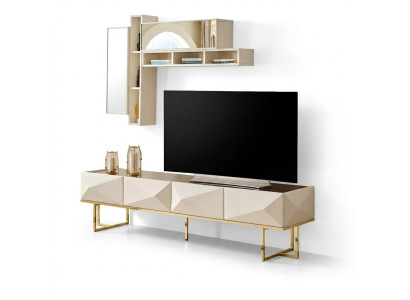 Mueble de televisión bajo, aparador para TV, estante de TV, armario de madera beige, repisas.