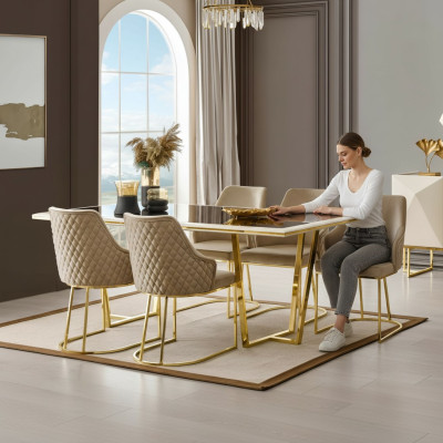 Conjunto de comedor moderno de lujo mesa de comedor sillas de comedor beige y dorado de 7 piezas