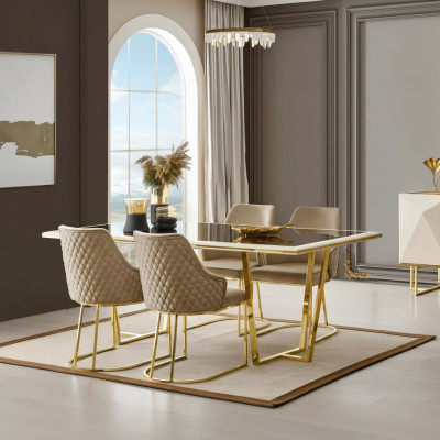 Conjunto de comedor moderno de lujo mesa de comedor sillas de comedor beige y dorado de 7 piezas