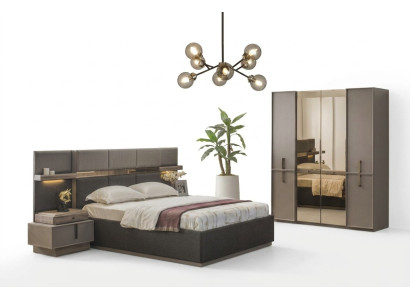 Cama doble dormitorio completo cama 4 piezas gris mesitas de noche armario