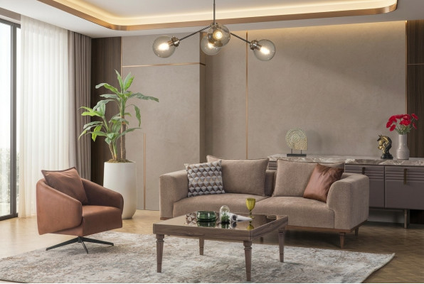 Conjunto de sofá de tres plazas Sillón Sofá tapizado moderno de tela marrón