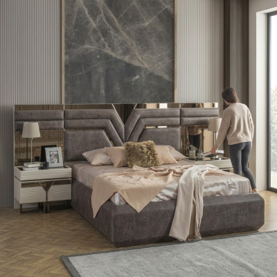 Juego de dormitorio cama doble cama mesitas de noche set de 3 piezas gris moderno.