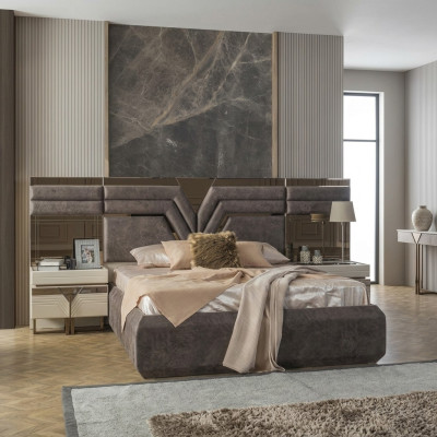 Juego de dormitorio cama doble cama mesitas de noche set de 3 piezas gris moderno.