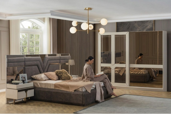 Conjunto dormitorio Cama doble Cama Mesitas de noche 4 piezas Gris Armario