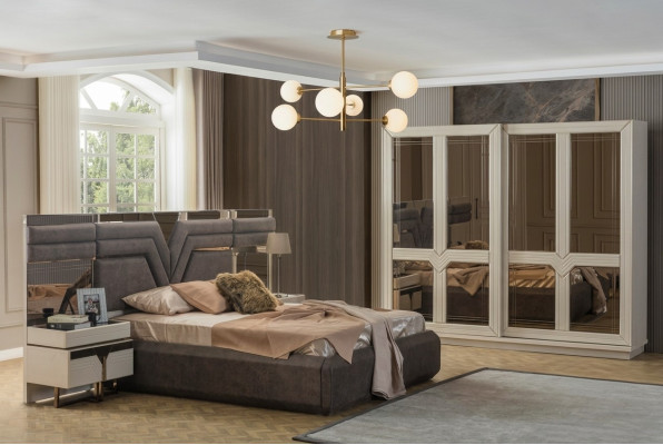 Conjunto dormitorio Cama doble Cama Mesitas de noche 4 piezas Gris Armario