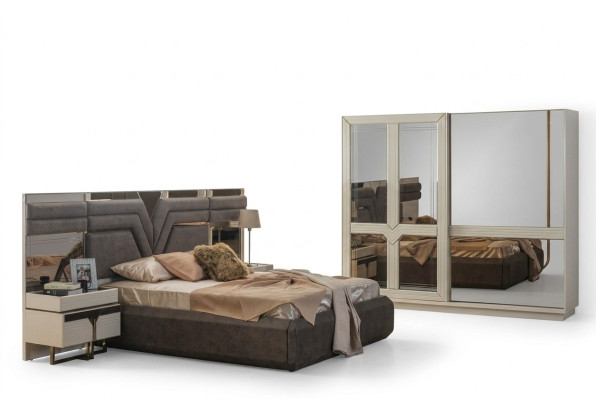 Conjunto dormitorio Cama doble Cama Mesitas de noche 4 piezas Gris Armario