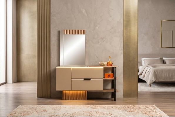 Mesa de maquillaje / tocador / consola de madera para dormitorio en color beige moderno.