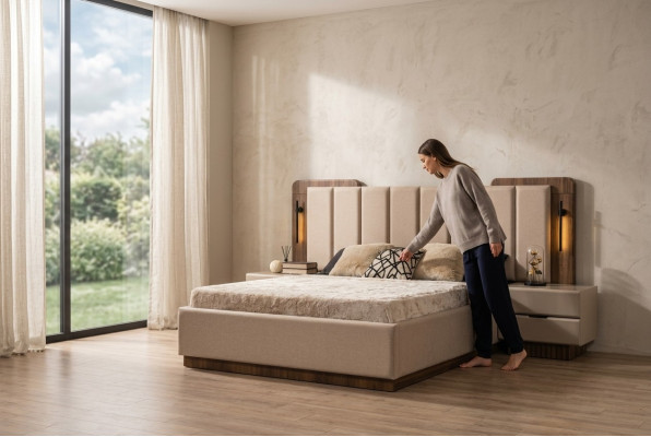 Habitación completa cama doble cama mesitas de noche tela beige 3 piezas