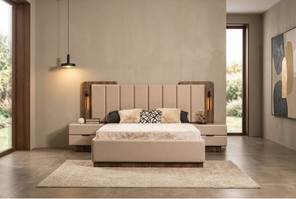 Habitación completa cama doble cama mesitas de noche tela beige 3 piezas
