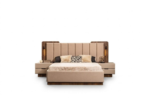 Habitación completa cama doble cama mesitas de noche tela beige 3 piezas