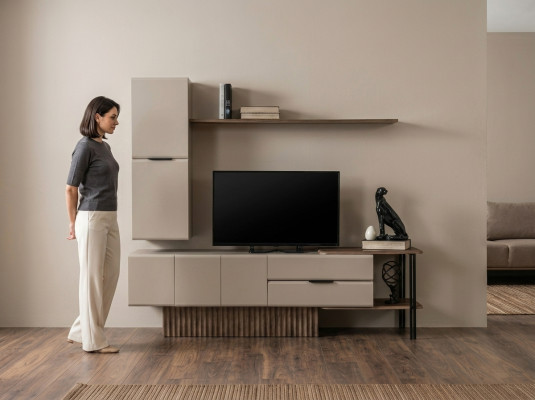 Mueble de pared para TV, soporte de TV, armario de pared, mesa de TV, color beige, estante de madera.