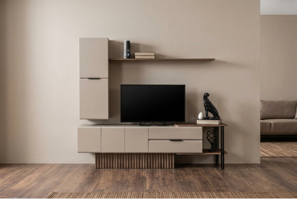 Mueble de pared para TV, soporte de TV, armario de pared, mesa de TV, color beige, estante de madera.