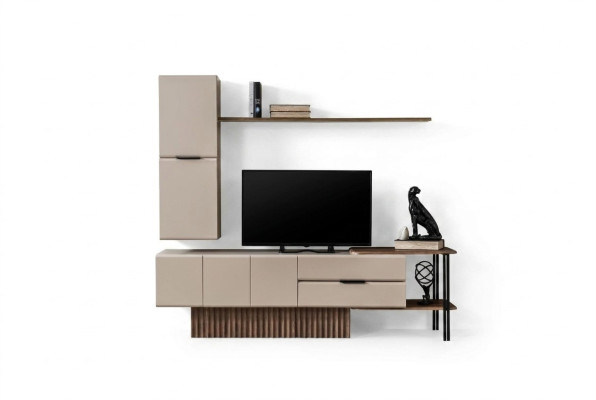 Mueble de pared para TV, soporte de TV, armario de pared, mesa de TV, color beige, estante de madera.