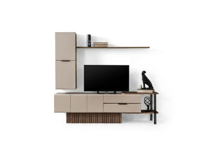 Mueble de pared para TV, soporte de TV, armario de pared, mesa de TV, color beige, estante de madera.