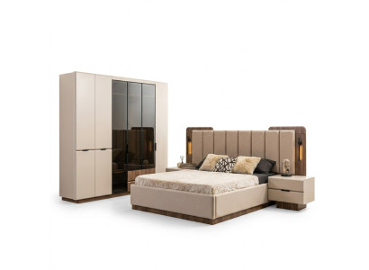 Juego de cama doble de lujo 4 piezas beige con mesitas de noche armario