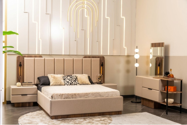 Dormitorio Set Cama de matrimonio Mesitas de noche Tela beige 4 piezas Maquillaje