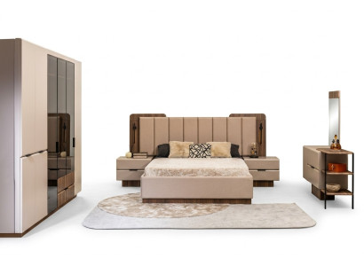 Conjunto de cama doble Mesitas de noche Tela beige 5 piezas Armario de maquillaje Cama
