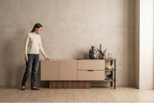 Aparador Vitrina de madera Cómoda Armario de madera Beige Moderno