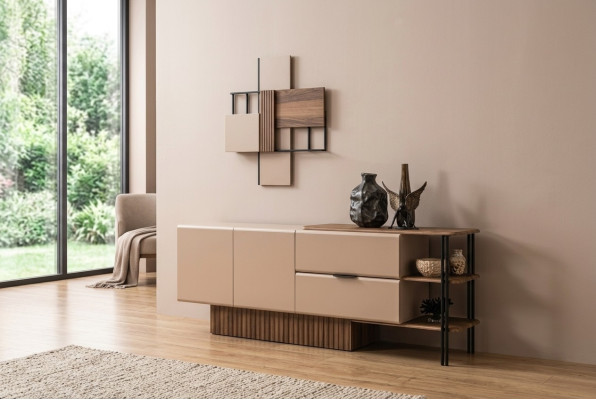 Aparador Vitrina de madera Cómoda Armario de madera Beige Moderno