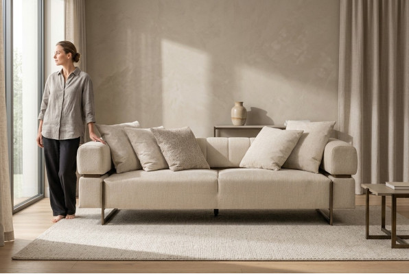 Sofá de tres plazas beige de diseñador en tela, mueble tapizado, lujoso sofá de 3 plazas.