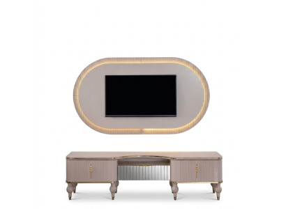 Mueble de salón moderno en beige Conjunto de diseñador RTV Lowboard Panel de pared de 2 piezas.