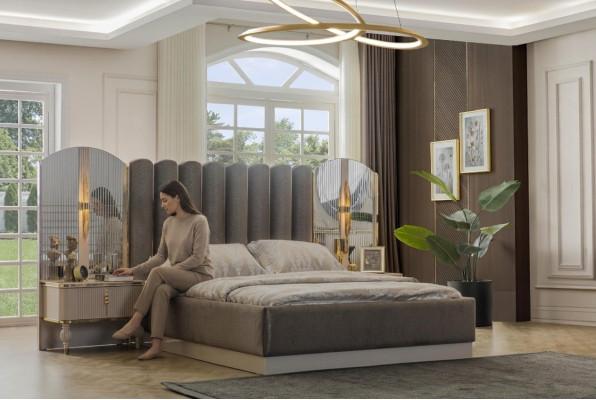Muebles de dormitorio exclusivos. Cama doble de diseño. Mesillas de noche modernas.