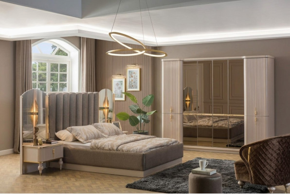 Dormitorio de lujo cama doble de diseñador armario mesitas de noche