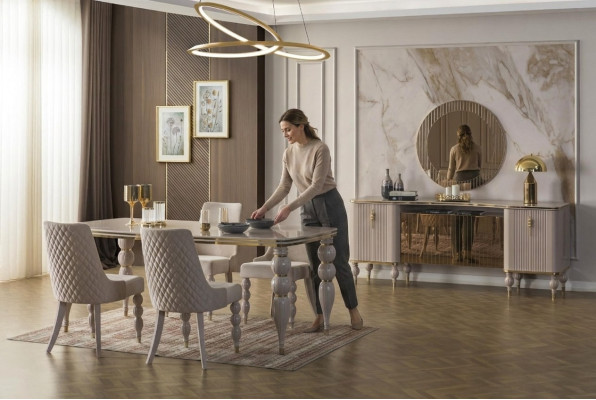 Conjunto de comedor beige, muebles de comedor de diseñador, mesa de comedor, sillas, aparador de 9 piezas.