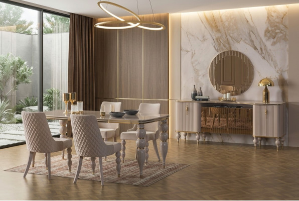 Conjunto de comedor beige, muebles de comedor de diseñador, mesa de comedor, sillas, aparador de 9 piezas.