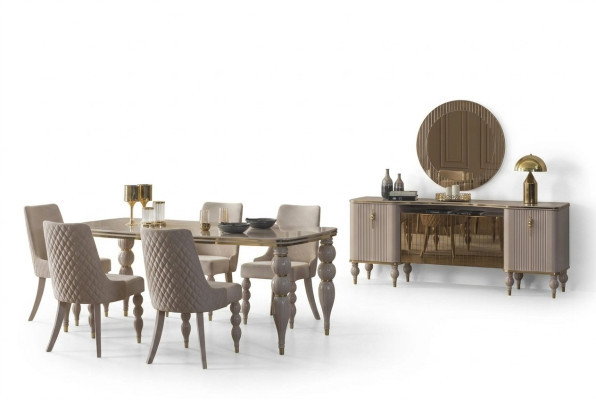 Conjunto de comedor beige, muebles de comedor de diseñador, mesa de comedor, sillas, aparador de 9 piezas.