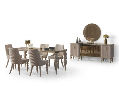 Conjunto de comedor beige, muebles de comedor de diseñador, mesa de comedor, sillas, aparador de 9 piezas.