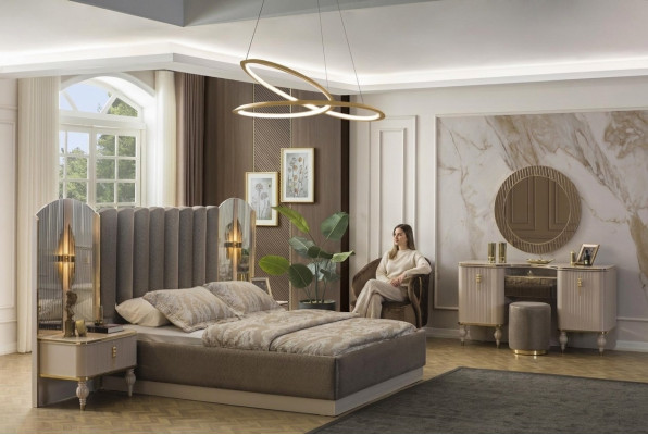 Conjunto de dormitorio gris Cama doble Tocador Consola Mesitas de noche