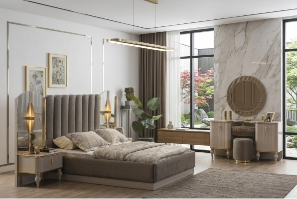 Conjunto de dormitorio gris Cama doble Tocador Consola Mesitas de noche