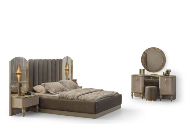 Conjunto de dormitorio gris Cama doble Tocador Consola Mesitas de noche