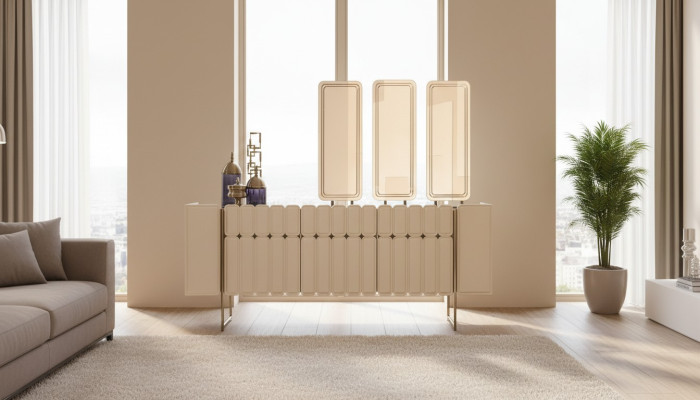Moderno aparador beige lujoso mueble exclusivo con 3 espejos, 4 piezas.