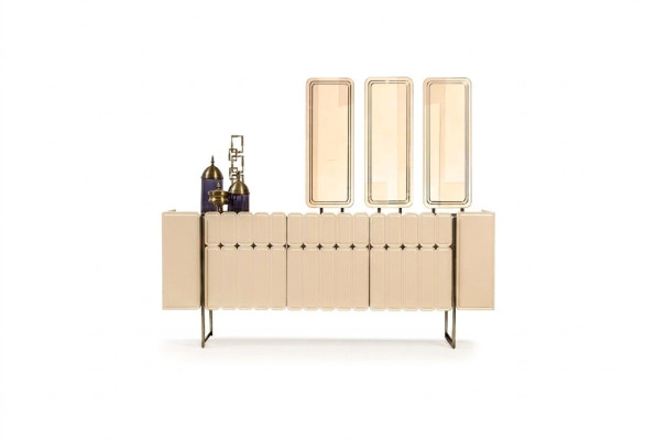 Moderno aparador beige lujoso mueble exclusivo con 3 espejos, 4 piezas.