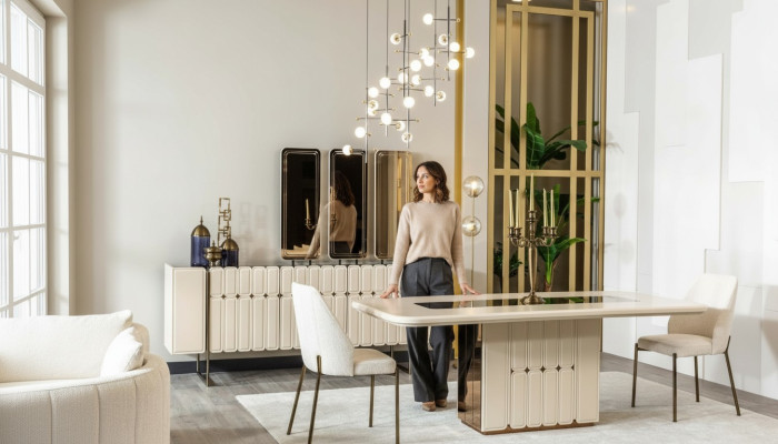 Grupo de comedor de lujo blanco noble, mesa de acero inoxidable, x6 sillas diseñadas.
