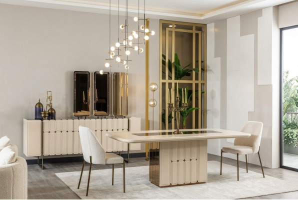 Grupo de comedor de lujo blanco noble, mesa de acero inoxidable, x6 sillas diseñadas.