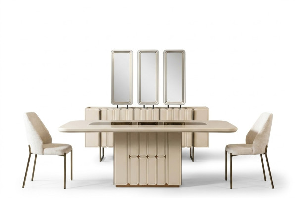 Juego de comedor moderno blanco, mesa de comedor, aparador, 3 sillas, espejo de 9 piezas.