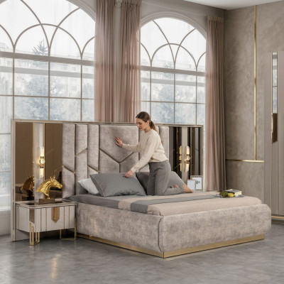 Conjunto de cama doble para dormitorio con mesitas de noche 3 piezas beige de lujo