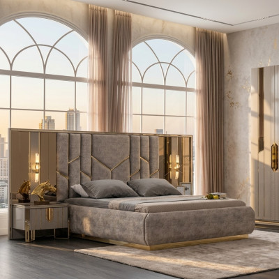 Conjunto de cama doble para dormitorio con mesitas de noche 3 piezas beige de lujo