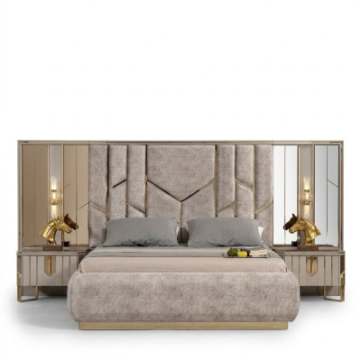 Conjunto de cama doble para dormitorio con mesitas de noche 3 piezas beige de lujo