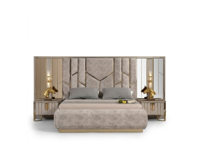 Conjunto de cama doble para dormitorio con mesitas de noche 3 piezas beige de lujo