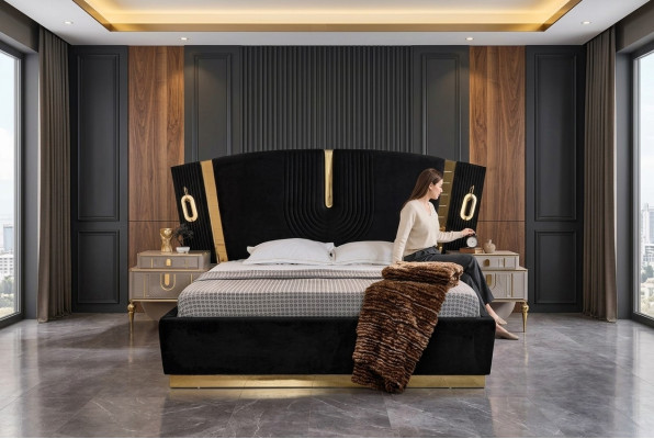 Conjunto de dormitorio cama doble mesitas de noche 3 piezas lujo negro