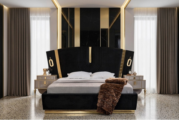 Conjunto de dormitorio cama doble mesitas de noche 3 piezas lujo negro