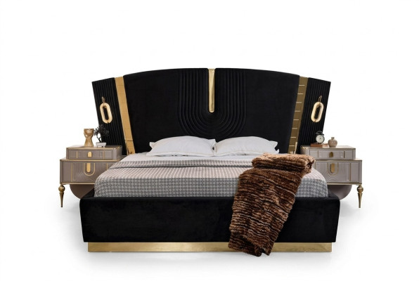 Conjunto de dormitorio cama doble mesitas de noche 3 piezas lujo negro