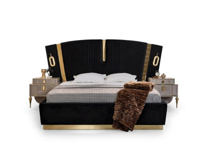 Conjunto de dormitorio cama doble mesitas de noche 3 piezas lujo negro