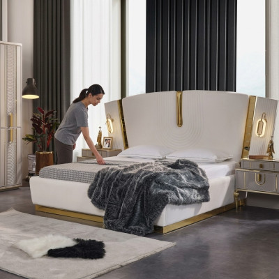 Dormitorio conjunto de cama doble mesitas de noche blanco de lujo de 3 piezas.